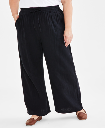 Style & Co Plus Size Gauze Wide-leg Pull-on Pants, Created For Macy's In Deep Black