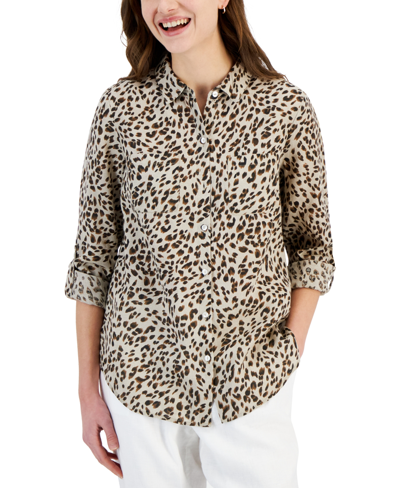 Charter Club Women's 100% Linen Printed Tab-sleeve Shirt, Created For Macy's In Flax Combo