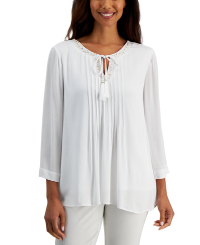 Jm Collection Plus Size Beaded-neck Gauze Top, Created For Macy's In Bright White