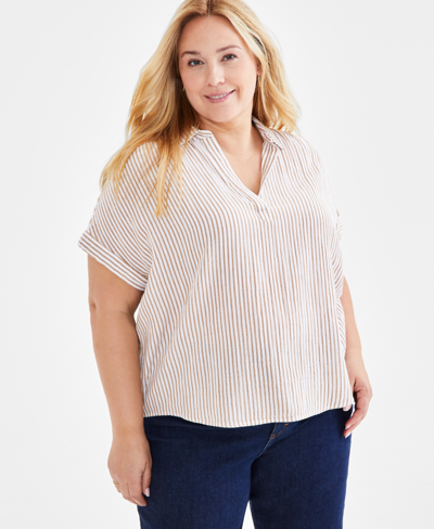 Style & Co Plus Size Striped Gauze Camp Shirt, Created For Macy's In Stripe Golden