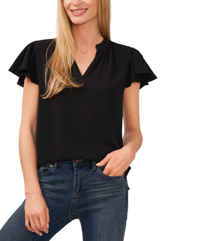 Cece Women's Short Ruffled Sleeve Solid V-neck Blouse In Rich Black