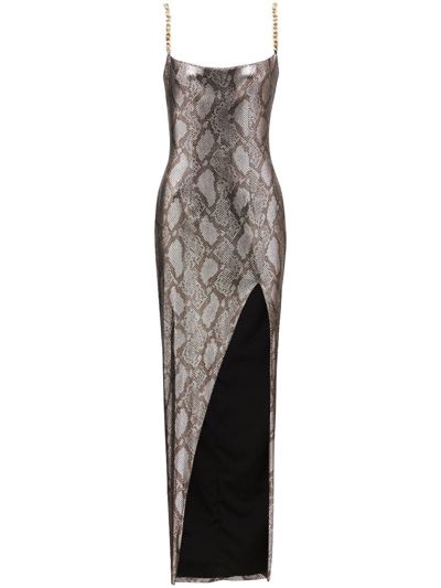 Balmain Shiny Python Gown With Chain Detail In Silver