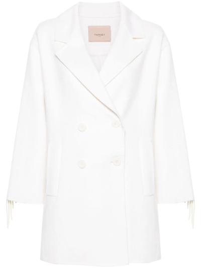 Twinset Fringed Double-breasted Coat In White