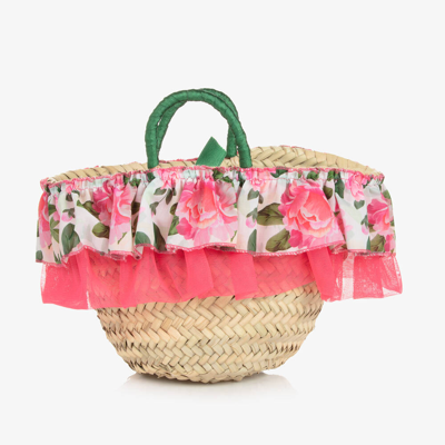 Selini Action Kids' Girls Beige Floral Straw Handbag (20cm)