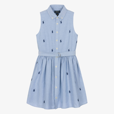 Polo Ralph Lauren Teen Girls Blue Oxford Cotton Shirt Dress In Gnawed Blue