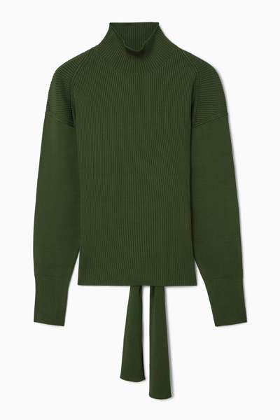 Cos Open-back Ribbed-knit Top In Green