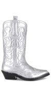 Ganni Recycled Metallic Embroidered Western Boots In Silver