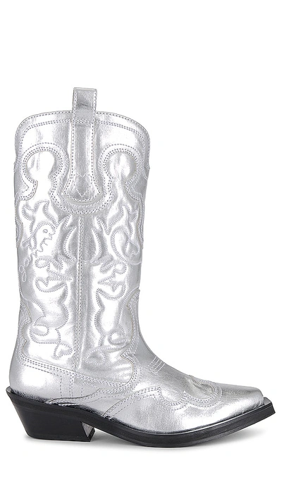 Ganni Mid Shaft Western Boots - Synthetic - Silver