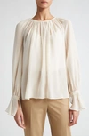 Max Mara Yelina Semisheer Bell Sleeve Bow Back Silk Georgette Top In Beige