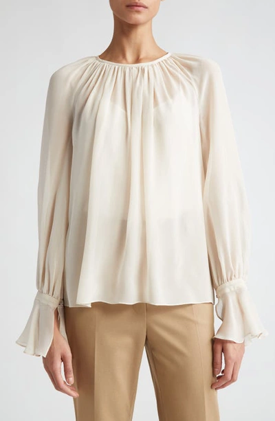 Max Mara Yelina Semisheer Bell Sleeve Bow Back Silk Georgette Top In Silver