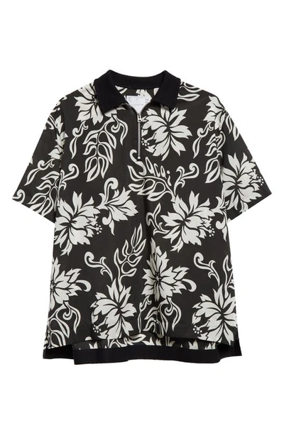 Sacai Floral Print Quarter Zip Pullover In Black | ModeSens