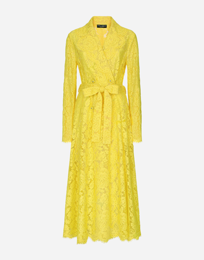 Dolce & Gabbana Branded Floral Cordonetto Lace Trench Coat In Yellow