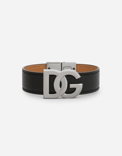 Dolce & Gabbana Logo-plaque Leather Bracelet In Black