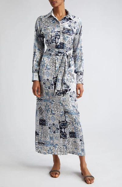 Eleventy Patchwork-print Silk Midi Shirtdress In Baby Blue