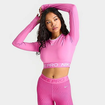 Nike Women's Pro 365 Dri-fit Cropped Long-sleeve T-shirt Size Large Polyester/spandex/jacquard In Playful Pink/white