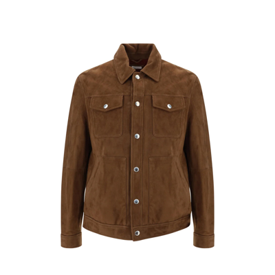 Brunello Cucinelli Leather Buttoned Jacket In Brown
