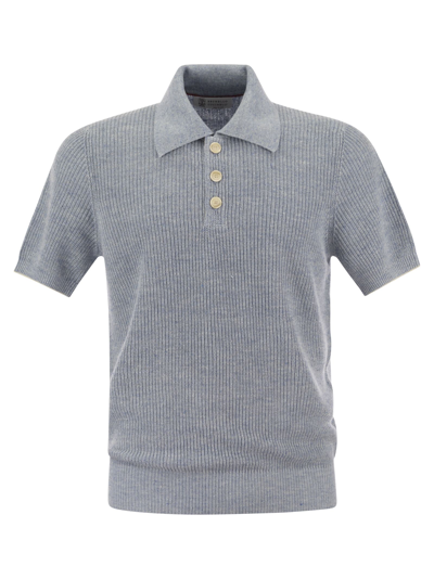 Brunello Cucinelli Linen And Cotton Half-rib Knit Polo Shirt With Contrasting Detailing In Blue