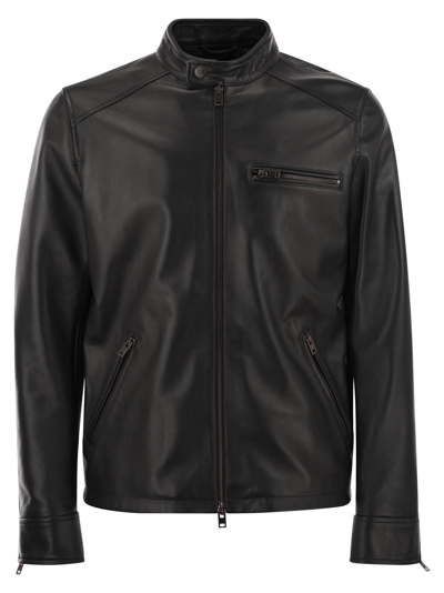 Hogan Leather Biker Jacket For Men In Black