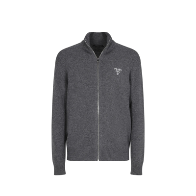 Prada Logo Embroidered Zipped Sweater In Gray