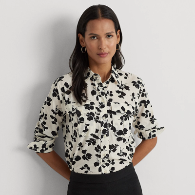 Lauren Petite Classic Fit Leaf-print Voile Shirt In Cream/black
