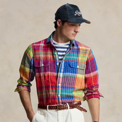 Ralph Lauren Classic Fit Plaid Linen Shirt In Red/yellow Multi