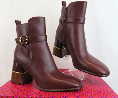 Pre-owned Tory Burch Multi Logo Burgundy Leather Gold Reva Buckle Zip Heel Ankle Boots 10 In Red