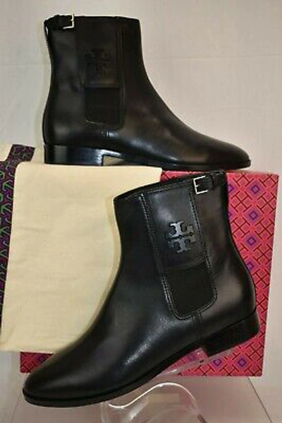 Pre-owned Tory Burch Wyatt Black Leather Black Reva Buckle Elastic Ankle Boots 9.5