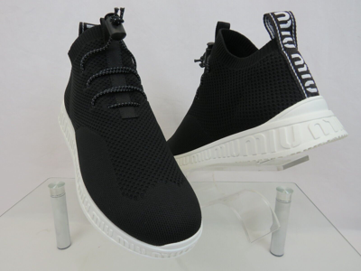 Pre-owned Miu Miu Prada 5e088d Black Knit Mesh White Logo Bungee Lace Sock Sneakers 38