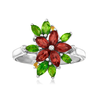 Ross-simons Garnet Flower Ring With . Chrome Diopsides And Citrine Accents In Sterling Silver In Red