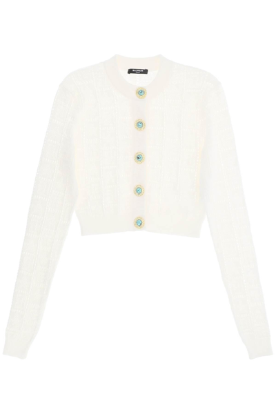 Balmain Cropped Cardigan With Jewel Buttons In Blanc (white)