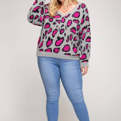 She + Sky Leopard V Back Plus Sweater In Hot Pink/grey In Blue