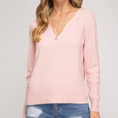 She + Sky V Neckline Sweater In Pink