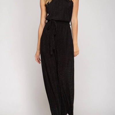 She + Sky Lurex Halter Jumpsuit In Black