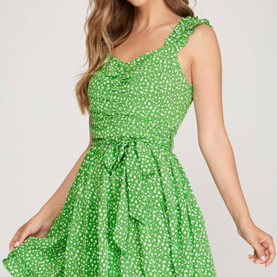 She + Sky Ruffle Sleeve Dress With Waist Sash In Green