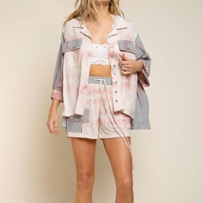 Pol Tie Dye & Striped Button Up Shirt In Dry Pink