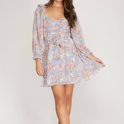 She + Sky Floral Print Ruched Dress In Lilac In Purple