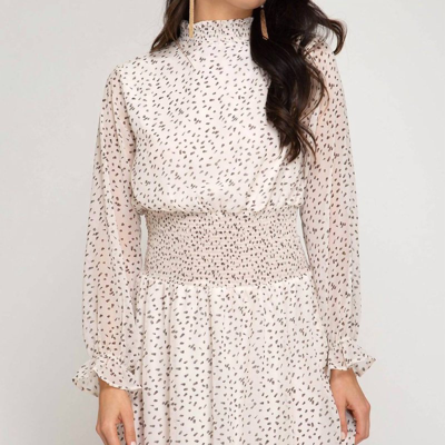 She + Sky Smocked Mock Neck Polka Dot Dress In White