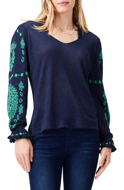 Nic + Zoe Oceanic Jacquard Sleeve Linen Blend Sweater In Indigo Multi