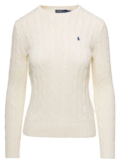 Polo Ralph Lauren Juliana White Cable Knit Pullover With Contrasting Embroidered Logo In Cotton Woman