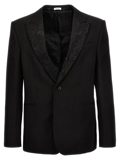 Alexander Mcqueen Embroidered Lapel Blazer Jacket In Black
