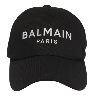 Balmain Logo棉质斜纹棒球帽 In Black