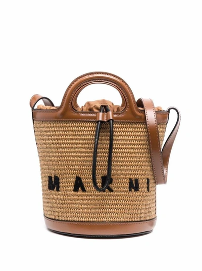 Marni Brown Mini Bucket Tropicalia Bag In Raffia Woman In Beige