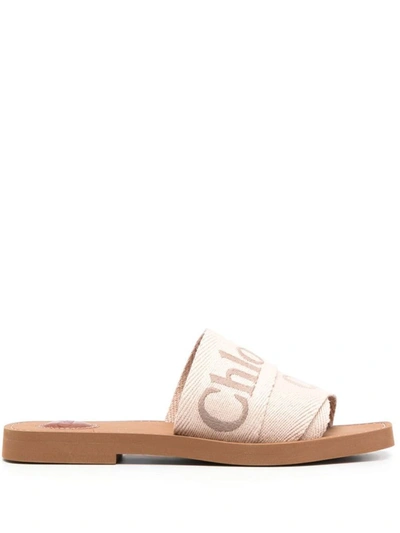 Chloé Woody Canvas Slides In Beige