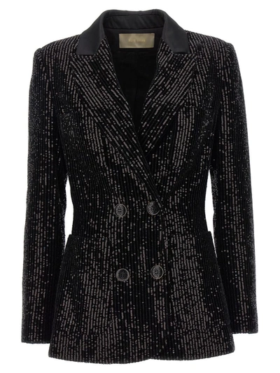 Elie Saab Sequin Pinstriped Velvet Double-breasted Blazer In Black