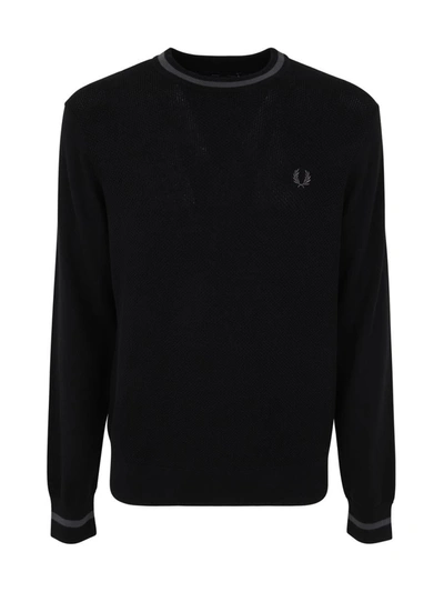 Fred Perry Fp Textured Front Crewneck Jumper In Black
