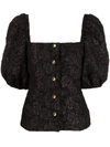 Ganni Jacquard Flowers Puff-sleeve Blouse In Black