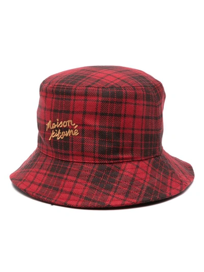 Maison Kitsuné Logo-embroidered Checked Bucket Hat In Brown