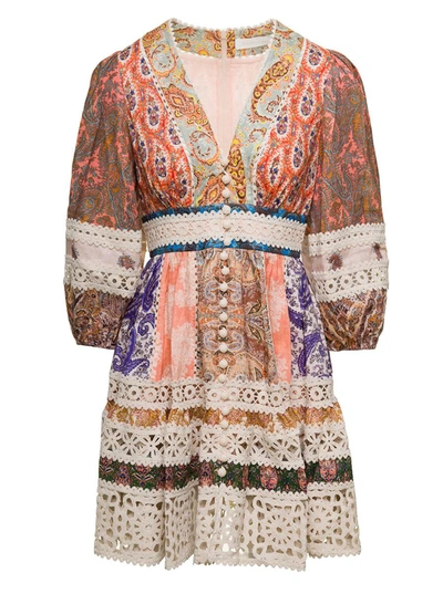 ZIMMERMANN MINI MULTICOLOR DRESS WITH PUFF SLEEVES AND ALL-OVER PAISLEY PRINT IN LINEN WOMAN