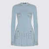 Off-white Pleated Mini Dress With Eyelets Detailing In Blue