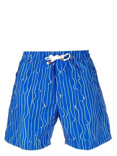 Reina Olga Striped Print Tech Swim Shorts In Blue
